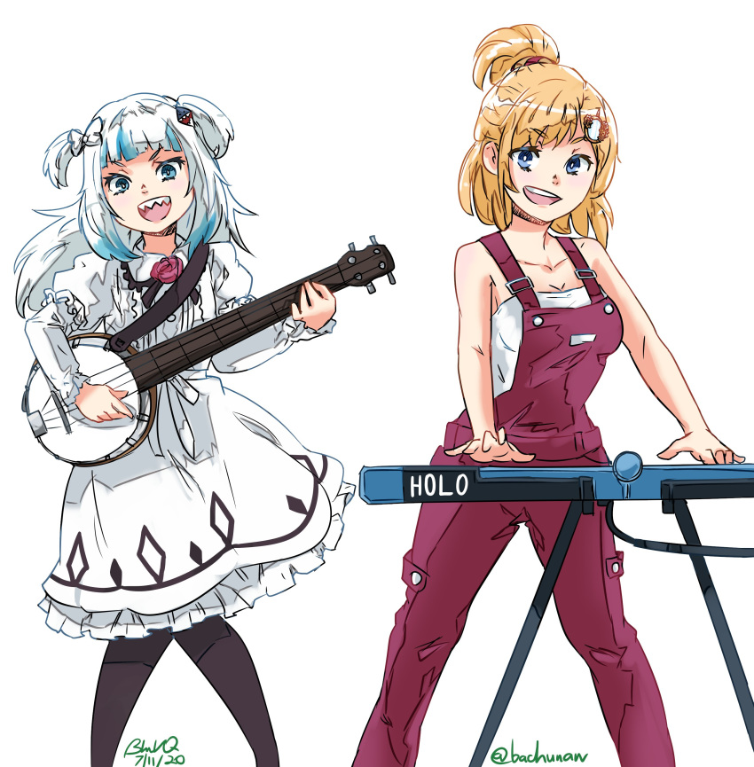 2girls :d absurdres bachunawa banjo blonde_hair blue_eyes breasts carole_&_tuesday carole_stanley carole_stanley_(cosplay) cleavage cosplay crossover english_commentary gawr_gura hair_ornament highres hololive hololive_english instrument keyboard_(instrument) multiple_girls music open_mouth overalls playing_instrument sharp_teeth smile teeth tied_hair tuesday_simmons tuesday_simmons_(cosplay) two_side_up virtual_youtuber watson_amelia white_background white_hair