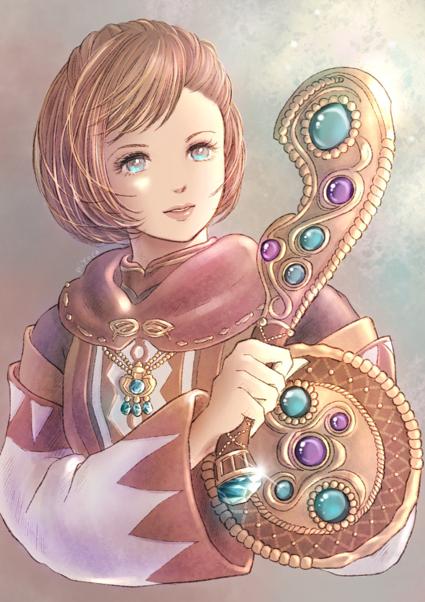 adventurer_(ff11) artist_name blue_eyes club_(weapon) eyelashes female final_fantasy final_fantasy_xi glint gradient_background highres holding holding_club holding_weapon hume long_sleeves orange_hair parted_lips pink_lips piyoco short_hair solo sparkle weapon white_mage_(final_fantasy) wide_sleeves