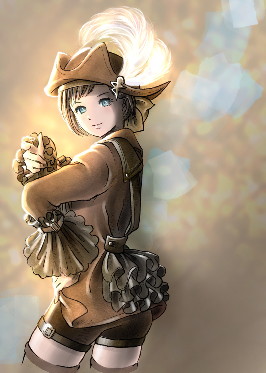 absurdres adventurer_(ff11) black_shorts blue_eyes brown_hair brown_hat brown_thighhighs corsair_(final_fantasy) cowboy_shot feathers female final_fantasy final_fantasy_xi hand_on_own_hip hat hat_feather highres hume long_sleeves looking_at_viewer piyoco short_hair shorts smile solo thighhighs white_feathers zettai_ryouiki