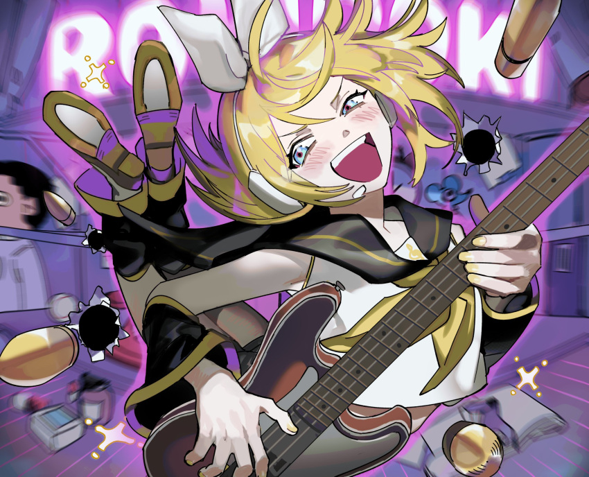 arched_back armpits ascot bare_shoulders bass_guitar blonde_hair blue_eyes blurry blurry_background blush bow bullet bullet_hole commentary crop_top detached_sleeves dodging female hair_ornament hairbow hairclip headphones headset highres holding holding_instrument instrument jumping kagamine_rin leg_warmers motion_blur music open_mouth playing_instrument revision roki_(vocaloid) sailor_collar shorts smile soyaka sparkle treble_clef v-shaped_eyebrows vocaloid yellow_ascot yellow_nails