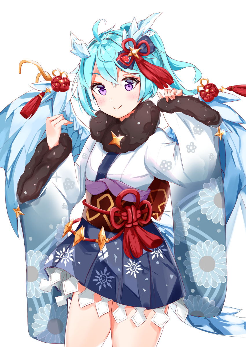 absurdres ahoge black_skirt blue_hair blue_hakama blue_wings blush closed_mouth commentary dragon_girl dragon_horns dragon_wings eyebrows_hidden_by_hair female floral_print fur-trimmed_sleeves fur_collar fur_trim furisode hair_between_eyes hakama hakama_short_skirt hakama_skirt hands_up highres horns japanese_clothes kimono long_hair long_sleeves looking_at_viewer obi pinching_sleeves pleated_skirt princess_connect! purple_eyes sash sheffy_(new_year)_(princess_connect!) sheffy_(princess_connect!) simple_background skirt sleeves_past_wrists smile solo split_mouth white_background white_kimono wide_sleeves wings yukaa