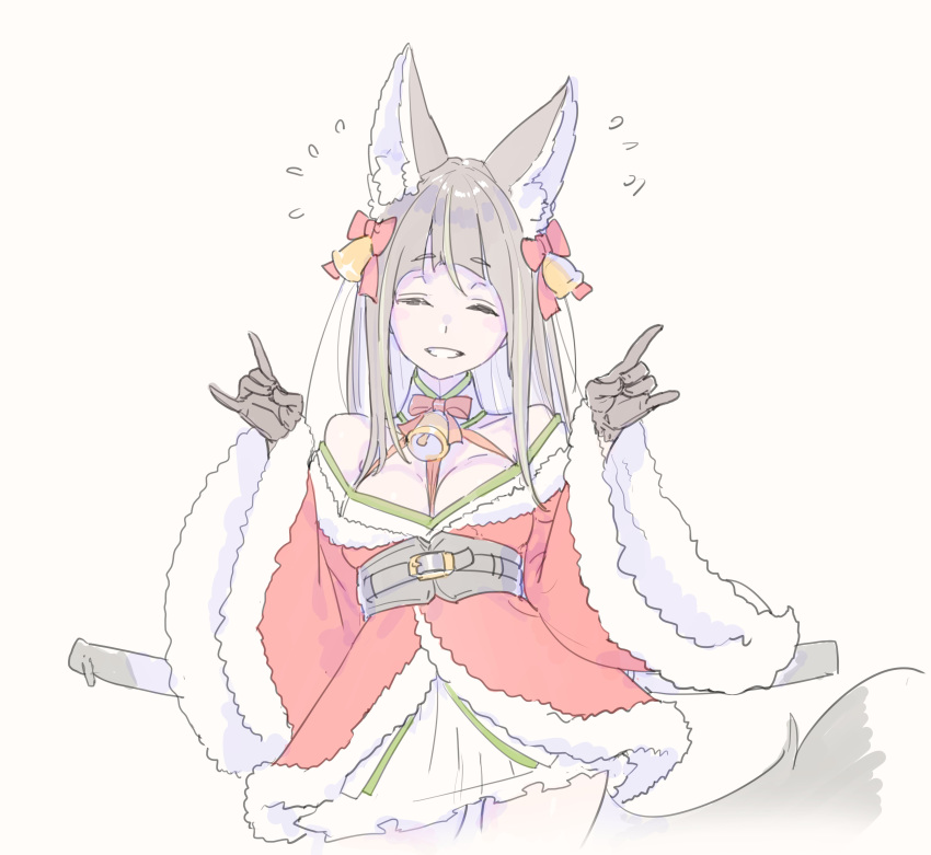 :d absurdres animal_ear_fluff animal_ears bare_shoulders bell blunt_bangs breasts brown_gloves brown_hair cleavage closed_eyes collar commentary_request contrapposto cowboy_shot enkyo_yuuichirou facing_viewer female flying_sweatdrops fox_ears fox_shadow_puppet fox_tail gloves hair_bell hair_ornament highres japanese_clothes katana kimono kitsunegasaki_tametsugu_(tenka_hyakken) large_breasts long_hair long_sleeves neck_bell obi official_alternate_costume open_mouth red_kimono santa_costume sash simple_background smile solo standing sword tail tenka_hyakken weapon white_background wide_sleeves