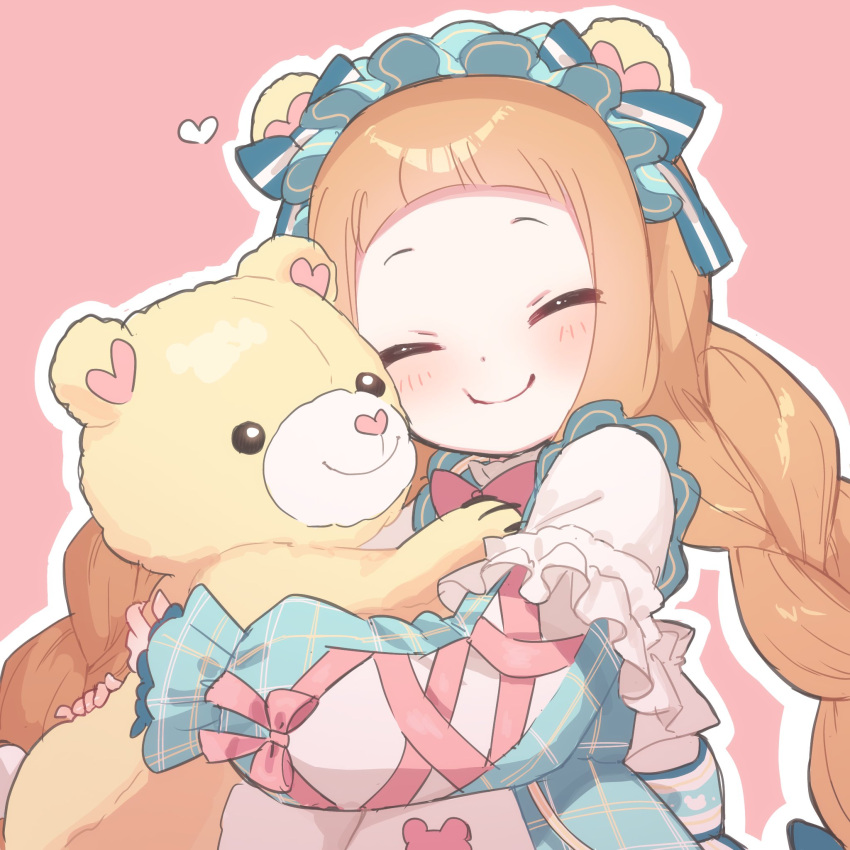 ^_^ animal_ears bear_ears blunt_bangs blush braid cheek-to-cheek closed_eyes commentary dress euphoniummatsu female heads_together highres hugging_object ichihara_nina idolmaster idolmaster_cinderella_girls long_sleeves orange_hair outline plaid plaid_dress puffy_long_sleeves puffy_sleeves simple_background smile solo stuffed_animal stuffed_toy symbol-only_commentary teddy_bear twin_braids twintails upper_body white_outline