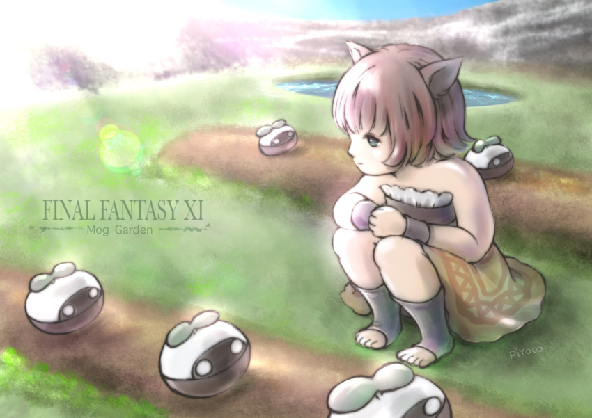 animal_ears aqua_eyes artist_name bare_shoulders blue_sky cat_ears closed_mouth copyright_name creature day dress female final_fantasy final_fantasy_xi garden grass highres lens_flare mandragora_(final_fantasy) mithra_(ff11) outdoors pink_hair piyoco pond short_hair sky squatting strapless strapless_dress water