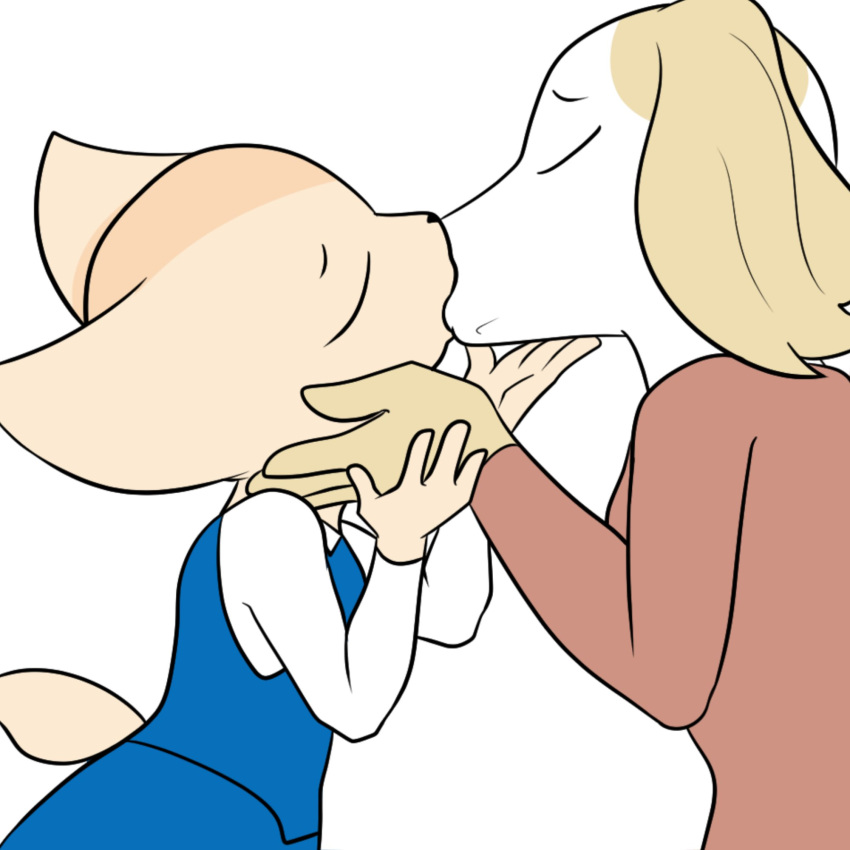 1:1 2020 aggretsuko anthro blue_clothing borzoi bottomwear bran-draws-things canid canine canis closed_eyes clothed clothing digital_media_(artwork) domestic_dog duo eyebrows female female/female fennec_fox fenneko fox hi_res holding_head hunting_dog inui_(aggretsuko) kiss_on_lips kissing looking_at_another mammal pencil_skirt sanrio sighthound simple_background skirt true_fox white_background