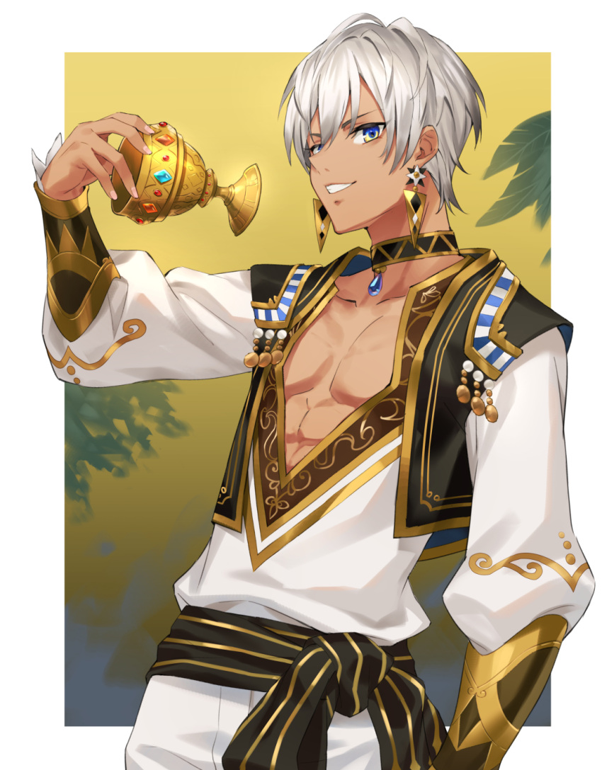 1boy black_vest blue_eyes chalice collarbone commentary_request cup dark-skinned_male dark_skin earrings grey_hair grin hair_between_eyes hand_up highres holding ibrahim_(1st_costume)_(nijisanji) ibrahim_(nijisanji) jewelry long_sleeves looking_at_viewer male_focus mosomoso nijisanji pants shirt smile solo vest virtual_youtuber white_pants white_shirt