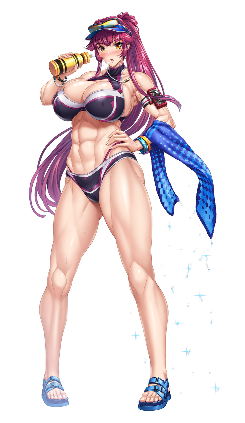 abs arm_strap bikini black_sports_bra blue_footwear bottle bracelet breasts cleavage eyewear_on_headwear female full_body hand_on_own_hip highres jewelry large_breasts lilith-soft long_hair looking_at_viewer muscular muscular_female nakamori_nanaka open_mouth panties pigeon-toed ponytail purple_hair red_hair saijou_satoru sandals solo sports_bra standing sunglasses swimsuit taimanin_(series) taimanin_rpgx towel underwear very_long_hair visor_cap white_background yellow_eyes