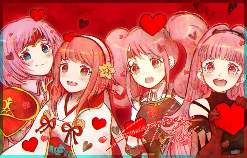 4girls akamaru_saasha armor blue_eyes blush braid cape color_connection crown_braid fire_emblem fire_emblem:_radiant_dawn fire_emblem:_three_houses fire_emblem_echoes:_shadows_of_valentia fire_emblem_fates hairband heart highres hilda_valentine_goneril holding japanese_clothes long_hair looking_at_viewer mae_(fire_emblem) marcia_(fire_emblem) multiple_girls open_mouth pink_eyes pink_hair pink_theme red_background red_eyes red_theme sakura_(fire_emblem) short_hair simple_background smile twintails