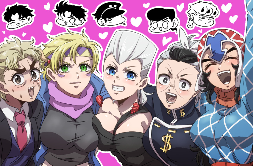 5boys 5girls battle_tendency big_breasts black_hair blonde_hair caesar_zeppeli diamond_is_unbreakable female_focus genderswap giorno_giovanna group guido_mista jean_pierre_polnareff jojo's_bizarre_adventure jonathan_joestar joseph_joestar josuke_higashikata jotaro_kujo looking_at_viewer multiple_girls okuyasu_nijimura phantom_blood robert_edward_o_speedwagon rule_63 stardust_crusaders tagme vento_aureo white_hair