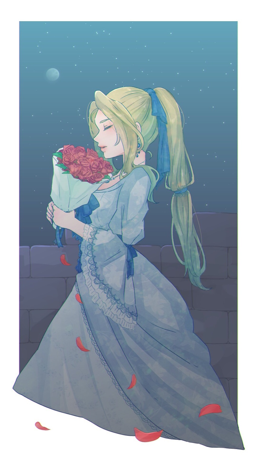 bad_id bad_twitter_id blonde_hair blue_dress blue_ribbon bouquet celes_chere closed_eyes closed_mouth dress earrings female final_fantasy final_fantasy_vi flower from_side full_moon hair_ribbon highres holding holding_bouquet jewelry leaf long_hair moon necklace petals ponytail red_flower red_rose ribbon rose solo toufu_(toufu_53) wide_sleeves