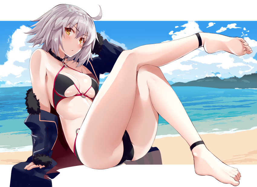 absurdres ahoge barefoot bikini black_bikini black_choker blue_jacket breasts choker coat commentary_request cosplay fate/grand_order fate_(series) female full_body fur-trimmed_coat fur-trimmed_jacket fur-trimmed_sleeves fur_trim grey_hair highres jacket jeanne_d'arc_alter_(fate) jeanne_d'arc_alter_(swimsuit_berserker)_(fate) jeanne_d'arc_alter_(ver._shinjuku_1999)_(fate) jeanne_d'arc_alter_(ver._shinjuku_1999)_(fate)_(cosplay) large_breasts o-ring o-ring_bikini o-ring_bottom o-ring_top official_alternate_costume open_clothes open_coat open_jacket outdoors short_hair shunichi sitting solo swimsuit yellow_eyes