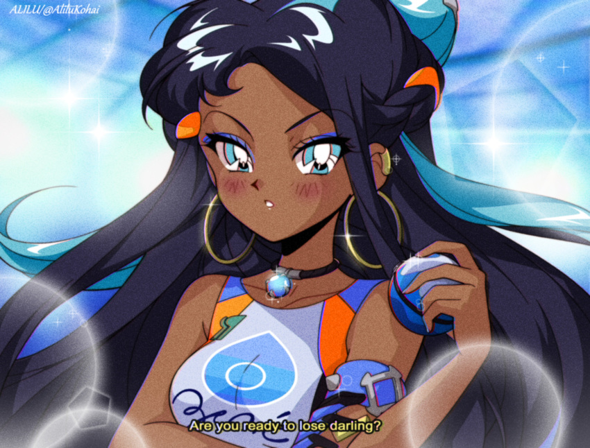 1990s_(style) absurdres alilu-chan armband artist_name bare_shoulders black_hair blue_eyes blue_hair blush commentary dark-skinned_female dark_skin earclip english_commentary english_text eyes_visible_through_hair female glint highres holding holding_poke_ball jewelry long_hair looking_at_viewer multicolored_hair nessa_(pokemon) parted_lips pendant poke_ball pokemon pokemon_swsh retro_artstyle shirt sleeveless sleeveless_shirt solo sparkle subtitled twitter_username two-tone_hair upper_body v-shaped_eyebrows