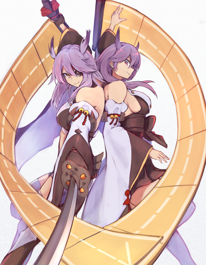 2girls azur_lane bare_shoulders breasts commentary_request detached_sleeves eyepatch flight_deck_scroll hair_between_eyes hair_ornament hair_ribbon highres hiyou_(azur_lane) japanese_clothes junyou_(azur_lane) katana large_breasts long_hair long_sleeves marshall_k multiple_girls purple_hair ribbon ribbon_trim sword weapon yellow_eyes