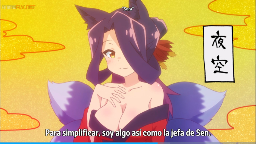 animal_ears breasts cleavage closed_mouth female fox_ears fox_tail hair_ornament hair_over_one_eye large_breasts multiple_tails off_shoulder purple_hair sewayaki_kitsune_no_senko-san solo sora_(sewayaki_kitsune_no_senko-san) source_request spanish_text subtitled tail third-party_edit third-party_watermark upper_body watermark web_address