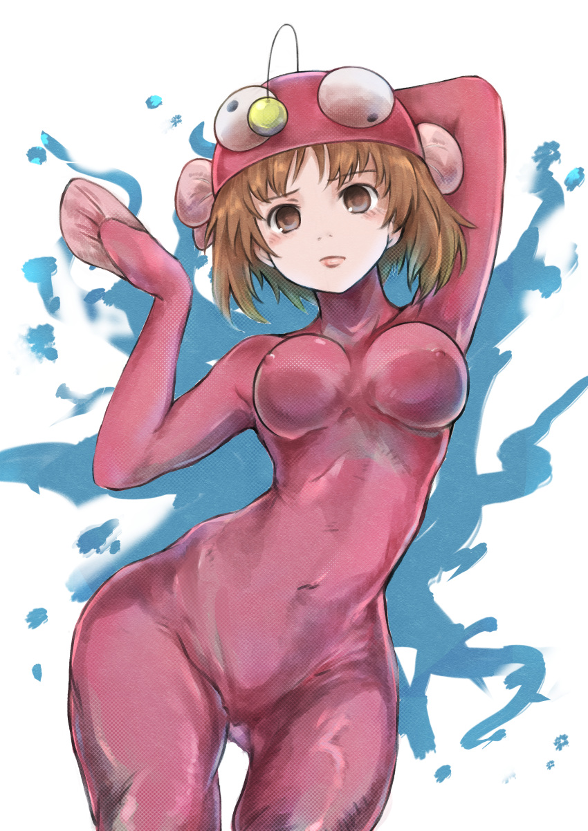 absurdres anglerfish_costume arm_behind_back arms_up bad_id bad_pixiv_id blue_background bodysuit breasts brown_eyes brown_hair closed_mouth commentary covered_navel covered_nipples cowboy_shot dancing ennui_orz female fish_hat girls_und_panzer hat highres leaning_to_the_side light_blush light_frown lips looking_at_viewer medium_breasts nishizumi_miho paint_splatter pink_bodysuit pink_hat short_hair sitting solo traditional_media