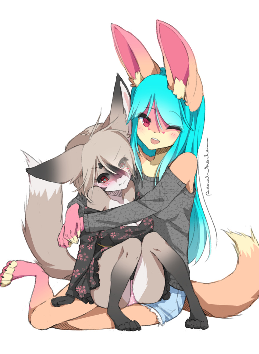 absurd_res anthro asian_clothing breasts canid canine clothed clothing cuddling duo east_asian_clothing female fennec_fox fox fully_clothed hi_res japanese japanese_clothing kimono mammal nanachi_hantomei panties peachsoda simple_background true_fox underwear white_background