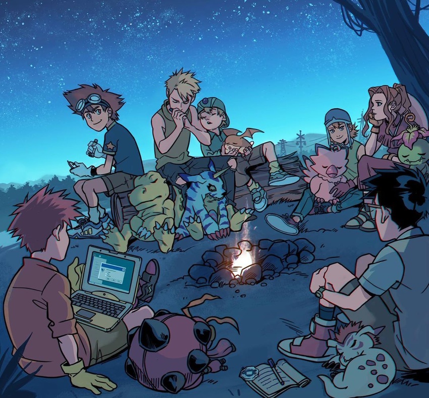 agumon bandai_namco biyomon bonfire calm computer digimon digimon_(species) electronics gabriel_picolo gabumon gomamon group human izzy_izumi joe_kido laptop large_group log mammal matt_ishida mimi_tachikawa outside palmon patamon sky sleeping sora_takenouchi star starry_sky taichi_kamiya takeru_takaishi tentomon wood