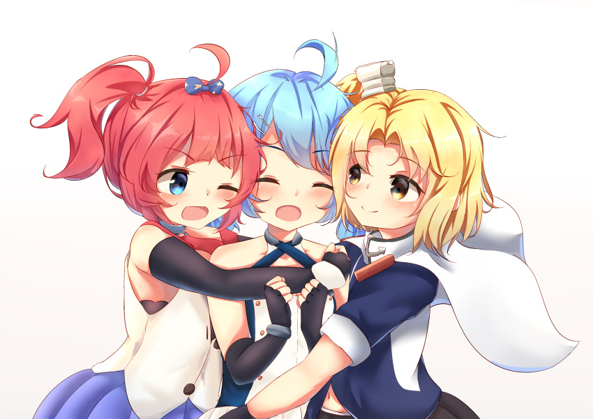 3girls absurdres ahoge arms_up azur_lane bad_id bad_pixiv_id black_bra black_gloves blonde_hair blue_dress blue_eyes blue_hair blue_shirt blue_skirt blush bow bra cape clenched_hands clevelad_(azur_lane) closed_eyes commentary dress elbow_gloves fingerless_gloves gloves group_hug hair_ornament hairbow halter_dress halterneck hand_on_another's_shoulder highres hug lena_(azur_lane) li'l_sandy_(azur_lane) looking_at_another multiple_girls one_eye_closed open_mouth parted_bangs pleated_skirt red_hair sachisudesu shirt shnva_(style) short_hair short_sleeves side_ponytail simple_background skirt sleeveless sleeveless_dress sleeveless_shirt smile standing swept_bangs underwear untucked_shirt upper_body white_background white_cape white_shirt yellow_eyes