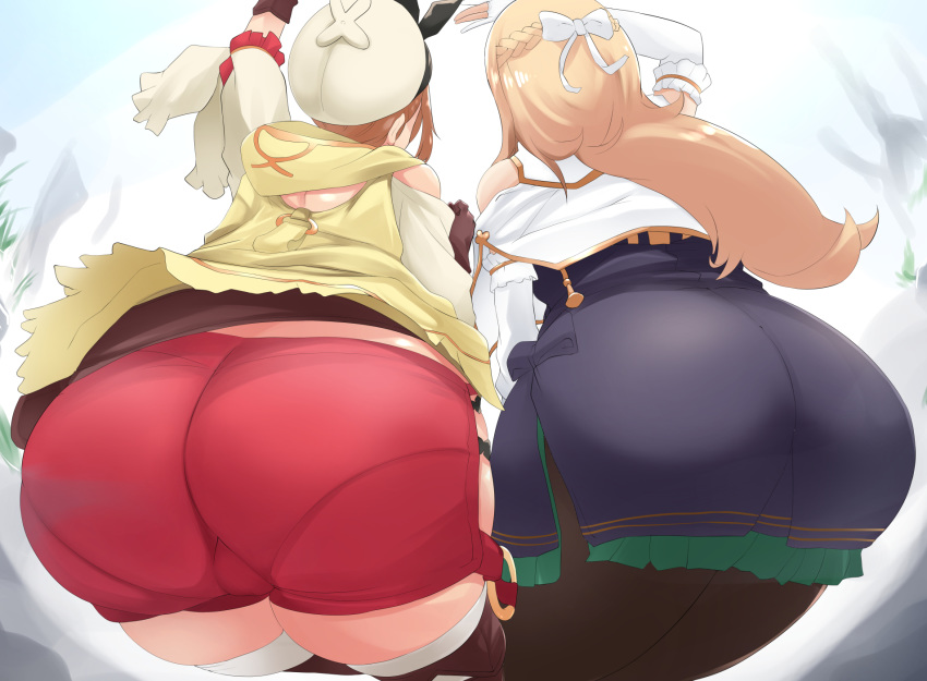 2girls ass ass_focus atelier_(series) atelier_ryza atelier_ryza_1 black_bow blonde_hair bow braid brown_hair commentary_request elbow_gloves facing_away from_behind gloves hat highres klaudia_valentz long_hair mizuyan multiple_girls outstretched_arm pantyhose pantylines red_shorts reisalin_stout short_shorts shorts skirt thighhighs thighs white_bow