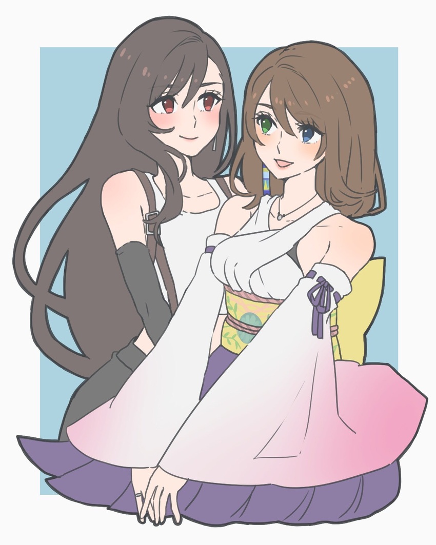 2girls :d bad_id bad_twitter_id bare_shoulders black_hair black_skirt blue_eyes breasts brown_hair closed_mouth crop_top detached_sleeves dissidia_final_fantasy earrings final_fantasy final_fantasy_vii final_fantasy_x green_eyes hair_between_eyes hakama hakama_skirt heterochromia highres in-franchise_crossover japanese_clothes jewelry long_hair long_sleeves medium_breasts medium_hair multiple_girls necklace obi open_mouth purple_hakama red_eyes ribbon-trimmed_sleeves ribbon_trim sash shirt skirt smile suspender_skirt suspenders tank_top tifa_lockhart toufu_(toufu_53) white_shirt wide_sleeves yuna_(ff10)