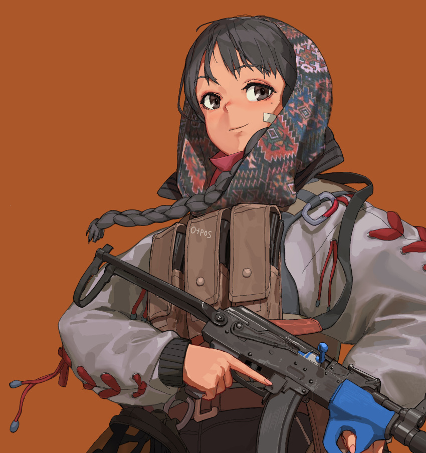 akmsu assault_rifle black_eyes black_hair braid brown_background bypos commentary dark-skinned_female dark_skin english_commentary female gun head_scarf highres holding holding_gun holding_weapon long_hair long_sleeves mole mole_under_eye original rifle simple_background smile solo upper_body weapon