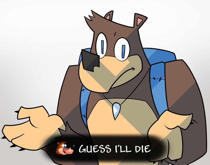 2019 4_fingers anthro backpack banjo-kazooie banjo_(banjo-kazooie) bear black_claws black_nose blue_eyes brown_body brown_fur claws close-up english_text fingers fur gesture grey_background guess_i'll_die hi_res humor jewelry looking_at_viewer male mammal meme necklace potoobrigham rareware reaction_image shrug simple_background solo text