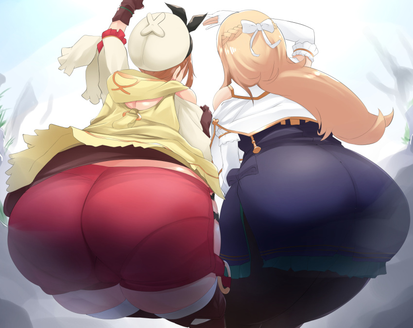 2girls ass ass_focus atelier_(series) atelier_ryza atelier_ryza_1 black_bow blonde_hair bow braid brown_hair commentary_request elbow_gloves facing_away from_behind gloves hat klaudia_valentz long_hair mizuyan multiple_girls outstretched_arm pantyhose pantylines red_shorts reisalin_stout short_shorts shorts skirt thighhighs thighs white_bow