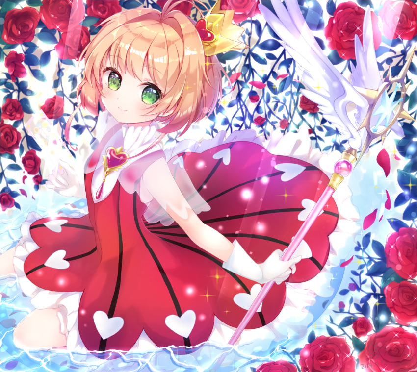 antenna_hair brown_hair cardcaptor_sakura circle_skirt closed_mouth commentary_request crown dress female flower gloves green_eyes hair_intakes highres holding holding_staff kinomoto_sakura layered_dress looking_at_viewer okomeillust red_dress red_flower red_rose rose see-through short_hair sleeveless sleeveless_dress smile solo staff striped_clothes striped_dress sunlight vertical-striped_clothes vertical-striped_dress white_gloves