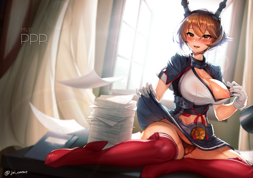 absurdres backlighting bad_id bad_pixiv_id bare_shoulders black_skirt blush boots breasts brown_hair clothes_lift commentary_request curtains female flashing gloves green_eyes hair_between_eyes hairband headgear highres jai_(whany1998) kantai_collection large_breasts legs lifting_own_clothes looking_at_viewer midriff miniskirt mutsu_(kancolle) mutsu_kai_ni_(kancolle) navel nipple_slip nipples open_window panties paper photoshop_(medium) pleated_skirt red_footwear red_panties red_thighhighs rudder_footwear short_hair skirt skirt_lift smile solo thigh_boots thighhighs thighs twitter_username underbust underwear white_gloves window