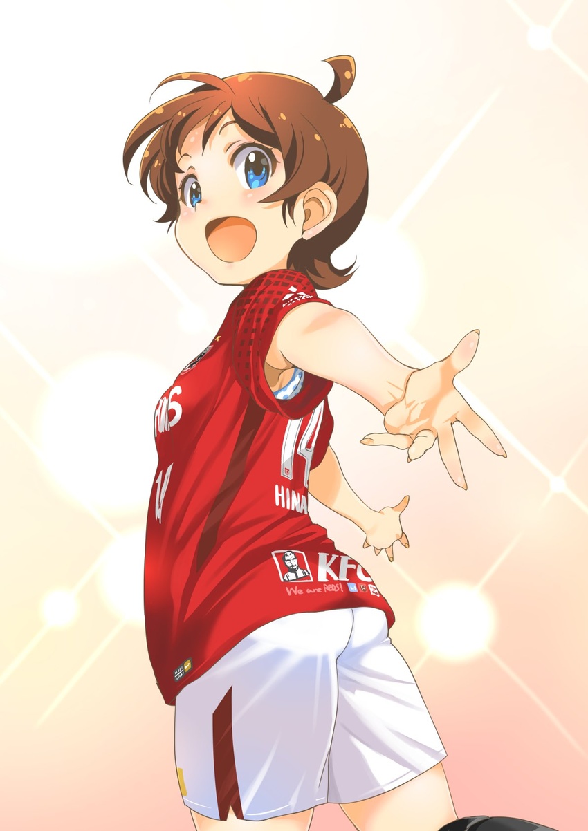 armpit_peek blue_eyes brown_hair commentary_request female highres idolmaster idolmaster_million_live! inoue_sora j._league kfc kinoshita_hinata looking_at_viewer looking_back open_mouth outstretched_arms short_hair short_sleeves smile soccer_uniform solo sportswear urawa_red_diamonds