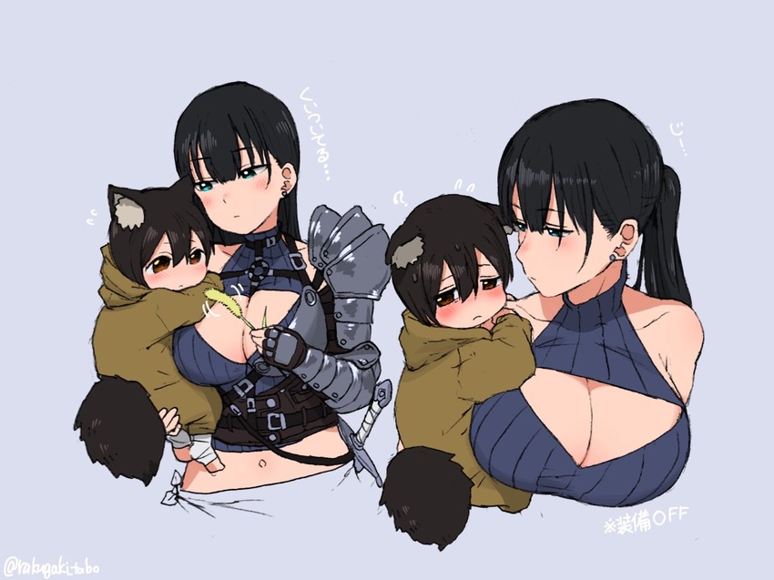 1boy age_difference animal_ears armor bandages bare_shoulders black_hair blue_eyes blunt_bangs breasts brown_eyes cat_ears cat_tail cat_teaser cleavage_cutout closed_mouth clothing_cutout commentary earrings ears_down female frown green_eyes grey_background hair_down jewelry large_breasts looking_at_another md5_mismatch navel noah_(onna_kishi_to_kemonomimi_no_ko) olivia_(onna_kishi_to_kemonomimi_no_ko) onee-shota onna_kishi_to_kemonomimi_no_ko pauldrons ponytail shoulder_armor simple_background single_pauldron stomach straight sword tail translation_request turbo_engine_(rakugaki_tabo) twitter_username weapon