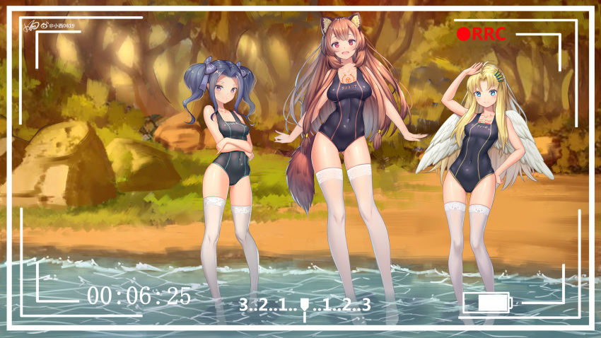 3girls absurdres animal_ear_fluff animal_ears arm_up arms_under_breasts ass_visible_through_thighs bird_wings black_hair black_nails black_one-piece_swimsuit blonde_hair blue_eyes blush breasts breasts_apart brown_hair chest_tattoo collarbone commentary_request covered_navel day feathered_wings filo_(tate_no_yuusha_no_nariagari) full_body grass groin hair_ornament hairclip hand_on_head hand_on_own_hip highres hip_bones long_hair long_legs looking_at_viewer medium_breasts melty_q_melromarc multiple_girls nail_polish nature one-piece_swimsuit open_mouth outdoors petite pink_eyes raccoon_ears raccoon_girl raccoon_tail raphtalia recording red_eyes rock salute sidelocks slave_brand small_breasts smile stomach swimsuit tail tate_no_yuusha_no_nariagari tattoo thighhighs tree twintails variant_set very_long_hair viewfinder wading water white_thighhighs white_wings wings xiaoxi0619