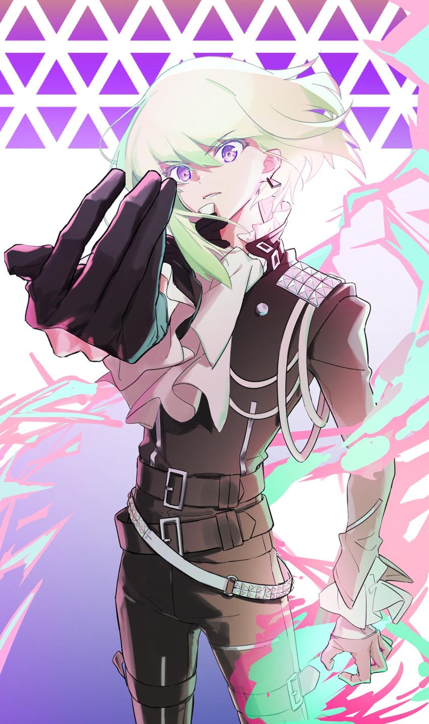 1boy ascot ashita_kura bad_id bad_twitter_id belt black_gloves black_jacket blonde_hair earrings fire gloves half_gloves highres jacket jewelry lio_fotia looking_at_viewer male_focus multiple_belts outstretched_arm promare purple_eyes solo