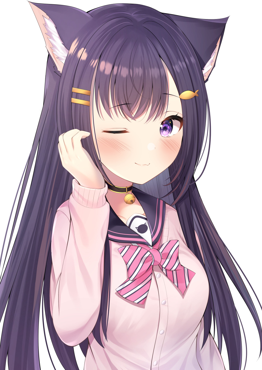 absurdres animal_ears bell black_hair blush bow bowtie cat_ears collar commentary_request female fish_hair_ornament hair_ornament hairclip highres indie_virtual_youtuber jacket long_hair long_sleeves looking_at_viewer nari_(narikashi) neck_bell one_eye_closed pink_bow pink_bowtie pink_jacket purple_eyes reikira simple_background smile solo striped_bow striped_bowtie striped_clothes upper_body virtual_youtuber white_background white_bow white_bowtie