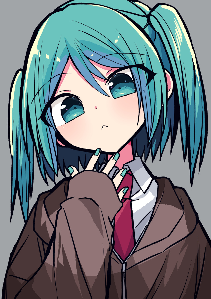 :< absurdres alternate_costume alternate_hair_length alternate_hairstyle aqua_eyes aqua_hair aqua_nails brown_jacket closed_mouth collared_shirt commentary female grey_background hatsune_miku head_tilt highres jacket kasaki_sakura looking_at_viewer necktie red_necktie shirt short_hair simple_background solo two_side_up upper_body vocaloid