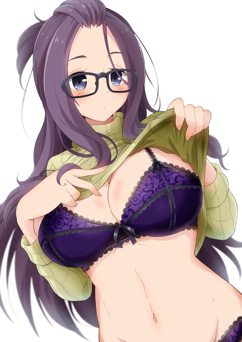 absurdres arms_up bangs_pinned_back black-framed_eyewear blue_eyes blush bow bow_bra bra breasts cleavage clothes_lift eggman_(pixiv28975023) female forehead glasses green_sweater highres kagamihara_sakura lace_trim large_breasts lifting_own_clothes long_hair long_sleeves looking_at_viewer navel panties purple_bra purple_eyes purple_hair purple_panties ribbed_sweater simple_background solo stomach sweater sweater_lift underwear upper_body white_background yurucamp