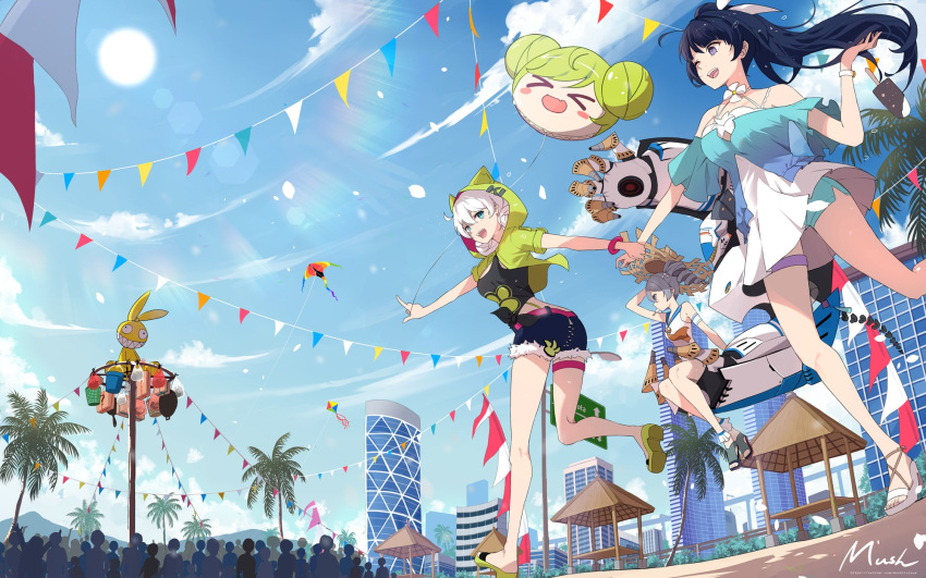 3girls :d ai-chan_(honkai_impact) artist_name balloon bare_shoulders belt black_shirt blue_shirt blue_sky bronya_zaychik bronya_zaychik_(valkyrie_chariot) building cloud cloudy_sky confetti drill_hair floating food food_in_mouth full_body green_jacket grey_hair hair_between_eyes hair_ribbon hat highres holding_hands homu_(honkai_impact) honkai_(series) honkai_impact_3rd index_finger_raised indonesia jacket kiana_kaslana kiana_kaslana_(knight_moonbeam) multiple_girls mush_(mushlicious) one_eye_closed open_mouth outdoors palm_tree pointing ponytail popsicle popsicle_in_mouth project_bunny purple_eyes purple_hair raiden_mei raiden_mei_(lightning_empress) ribbon sailor_collar sandals second-party_source shirt short_sleeves sky sleeveless sleeveless_shirt smile straw_hat summer summer_uniform sun tree twin_drills walking white_hair