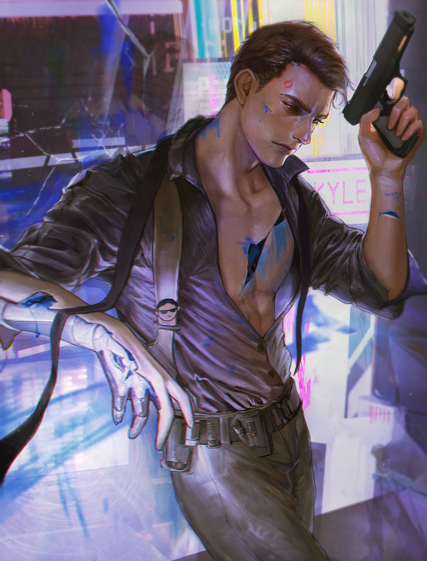 1boy absurdres android belt black_belt black_hair black_pants black_shirt blood blue_blood broken_glass closed_mouth collared_shirt connor_(detroit) detroit:_become_human glass gun highres holding holding_gun holding_weapon injury kyle. male_focus muscular muscular_male pants partially_unbuttoned pectorals shirt short_hair solo weapon