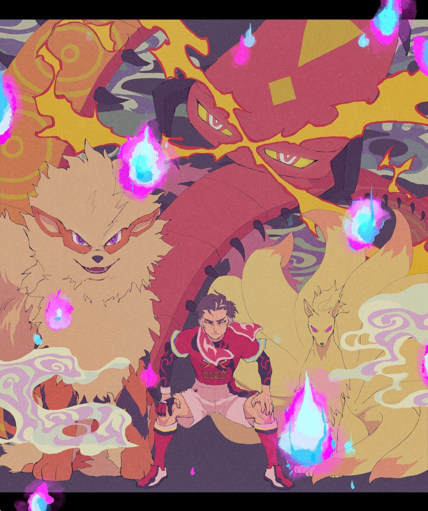 1boy arcanine centiskorch commentary_request dynamax_band fire gloves grey_hair hands_on_own_knees highres kabu_(pokemon) knees male_focus multicolored_hair ninetales p-40_(tukinosita-de) pokemon pokemon_(creature) pokemon_swsh red_legwear shirt shoes short_sleeves shorts single_glove socks squatting towel towel_around_neck two-tone_hair will-o-wisp_(pokemon)