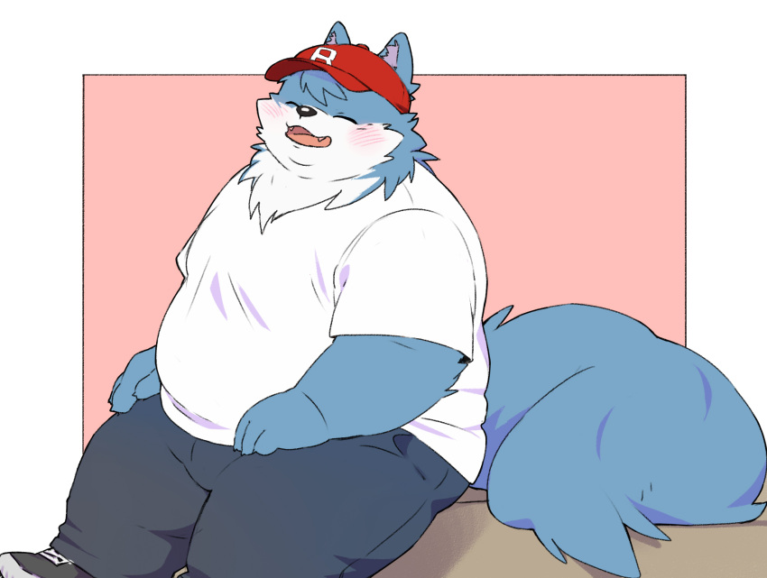 2023 anthro belly big_belly blue_body blush bottomwear canid canine canis closed_eyes clothing domestic_dog hat headgear headwear hi_res inunoshippo kemono male mammal overweight overweight_male pants shirt simple_background sitting solo topwear vtuber white_body