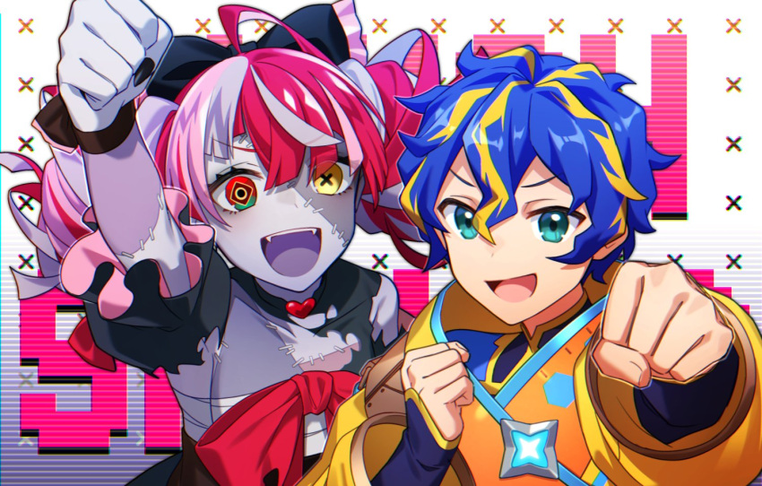 1boy ahoge aqua_eyes astel_leda black_bow black_dress blonde_hair blue_eyes blue_hair bow clenched_hand clenched_hands dress fangs female grey_hair hairbow hand_up heterochromia hinata_(sky) hololive hololive_indonesia holostars huge_bow kureiji_ollie kureiji_ollie_(1st_costume) looking_at_viewer multicolored_hair open_mouth patchwork_skin pink_hair red_bow red_eyes red_hair smile streaked_hair torn_clothes torn_dress virtual_youtuber yellow_eyes zombie