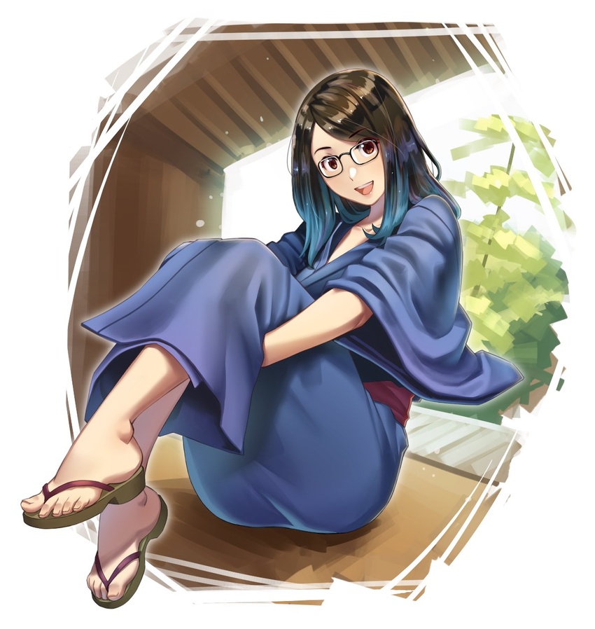 agustinus black_hair blue_hair brown_eyes collarbone commentary english_commentary female full_body glasses gradient_hair highres japanese_clothes kimono kson kson_(person) looking_at_viewer multicolored_hair open_mouth real_life solo yukata