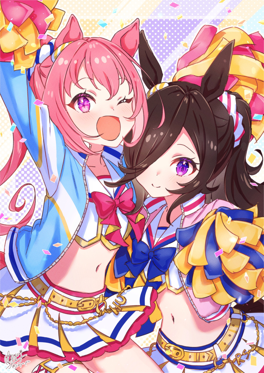 2girls alternate_hairstyle animal_ears belt blue_jacket brown_hair closed_mouth confetti cosplay hair_over_one_eye haru_urara_(umamusume) highres holding holding_pom_poms horse_ears horse_girl horse_tail jacket layered_skirt long_sleeves looking_at_viewer midriff multiple_girls navel nice_nature_(run&win)_(umamusume) nice_nature_(umamusume) nice_nature_(umamusume)_(cosplay) one_eye_closed open_clothes open_jacket open_mouth pink_eyes pink_hair pom_pom_(cheerleading) ponytail purple_eyes rice_shower_(umamusume) sailor_collar shirt skirt smile tail thigh_strap umamusume watawatage white_shirt