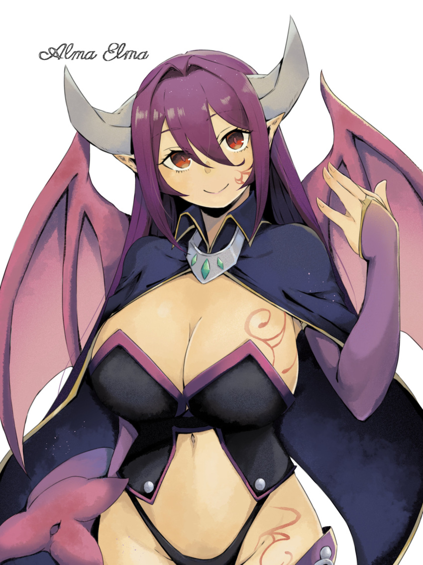 absurdres alma_elma breast_tattoo breasts bridal_gauntlets capelet character_name cleavage cloak closed_mouth commentary demon_girl demon_wings detached_sleeves female hair_between_eyes highres horns kawahara0527 large_breasts looking_at_viewer mon-musu_quest! monster_girl navel pointy_ears purple_hair red_eyes simple_background smile solo tattoo white_background wide_hips wings