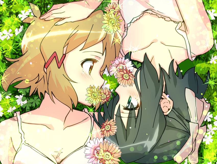 2girls bow brown_eyes collarbone day dress eye_contact flower grass green_eyes hair_ornament hairbow hairclip hand_on_another's_head highres kohinata_miku light_blush light_brown_hair looking_at_another multiple_girls outdoors scar senki_zesshou_symphogear short_hair tachibana_hibiki_(symphogear) tsuta_no_ha upper_body white_dress yuri