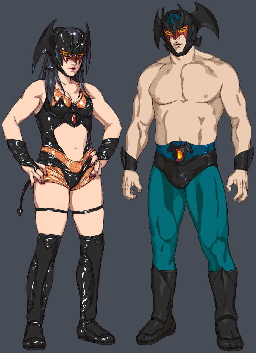 1boy bad_id bad_pixiv_id bare_shoulders black_footwear black_hair boots breasts bulge cleavage clothing_cutout devil_lady_(devilman_lady) devilman devilman_(character) devilman_lady female green_pants hands_on_own_hips highres humanization knee_boots mask midriff munya_(otikamohe) navel open_hands open_mouth pants redesign skindentation small_breasts stomach_cutout thigh_strap topless_male wrestler