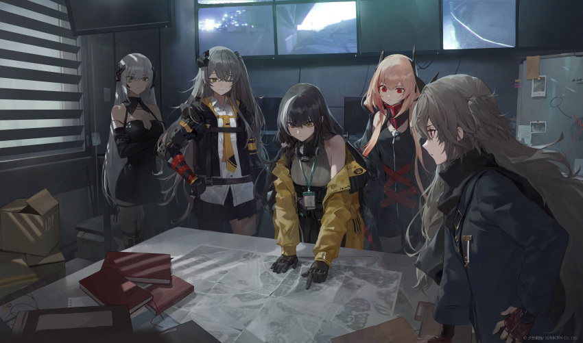 5girls absurdres blonde_hair breasts brown_hair cleavage commentary_request crossed_arms gager_(girls'_frontline) girls'_frontline green_eyes grey_hair heterochromia highres indoors long_hair m4_sopmod_ii_(girls'_frontline) m4_sopmod_ii_(mod3)_(girls'_frontline) map medium_breasts multicolored_hair multiple_girls official_art one_eye_closed red_eyes ro635_(girls'_frontline) ro635_(mod3)_(girls'_frontline) sangvis_ferri sidelocks sp9_(girls'_frontline) streaked_hair ump45_(girls'_frontline) ump45_(mod3)_(girls'_frontline) very_long_hair yellow_eyes