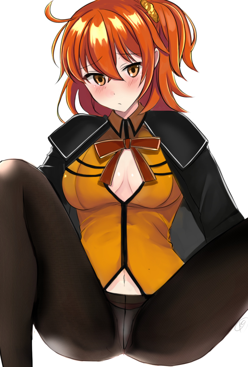 ahoge black_pantyhose breasts crotch_seam fate/grand_order fate_(series) female fujimaru_ritsuka_(female) fujimaru_ritsuka_(female)_(mage's_association_uniform) highres kankitsu_kei large_breasts navel official_alternate_costume one_side_up orange_eyes orange_hair orange_shirt panties panties_under_pantyhose pantyhose scrunchie shirt solo underwear white_panties yellow_scrunchie