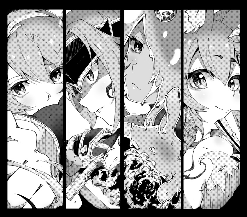 4girls absurdres alma_elma animal_ears armor closed_mouth column_lineup commentary_request erubetie expressionless forehead_protector fox_ears fox_girl granberia greyscale hair_between_eyes hair_over_one_eye hand_fan highres holding holding_fan holding_sword holding_weapon kawahara0527 liquid_hair looking_at_viewer mon-musu_quest! monochrome monster_girl multiple_girls sidelocks slime_girl smile smirk sword tamamo_(mon-musu_quest!) weapon