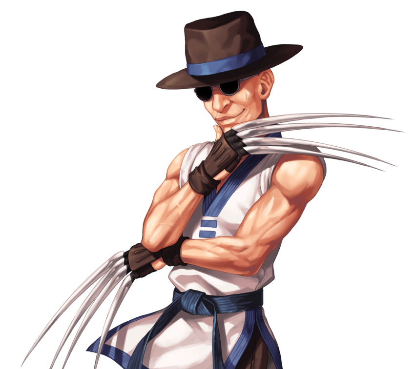 1boy bare_shoulders biceps brown_hat brown_pants choi_bounge claw_(weapon) commentary_request cowboy_shot dobok evilgun fingernails grey-framed_eyewear hand_on_own_chin hand_up hat highres looking_at_viewer male_focus muscular muscular_male pants parted_lips pectoral_cleavage pectorals round_eyewear simple_background sleeveless smile solo standing stroking_own_chin sunglasses sweatdrop the_king_of_fighters the_king_of_fighters_'97 weapon white_background